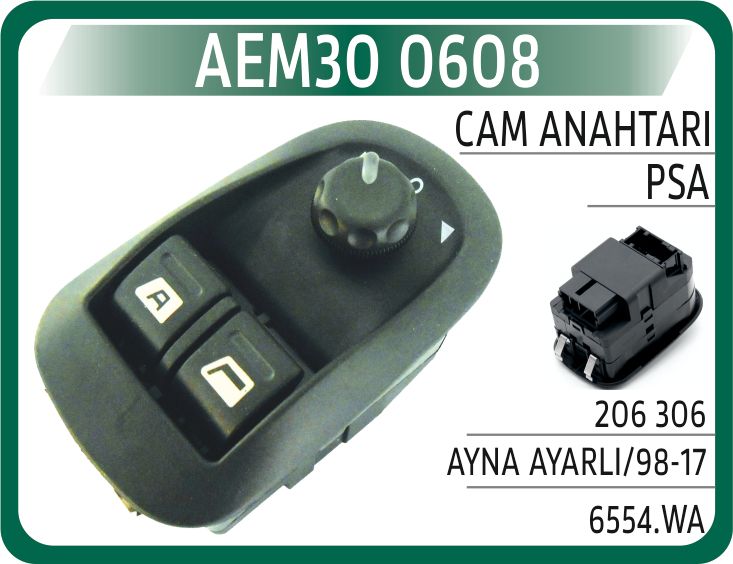CAM AÇMA ANAHTARI SOL PEUGEOT 206-PARTNER 98-07 ÇİFTLİ-ÇERÇEVELİ - AYNA AYARLI — AEM